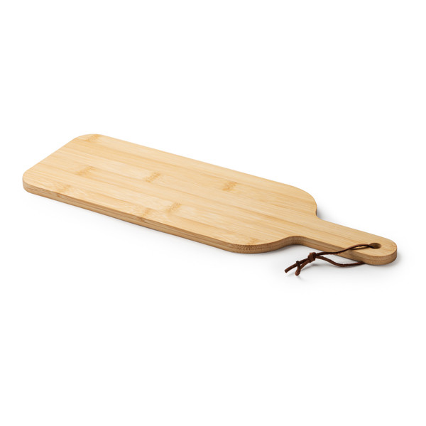 Personalised bamboo chopping board with handle and hanging cord