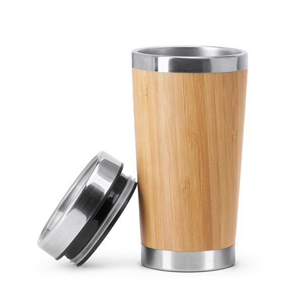 Personalised thermal mug stainless steel and bamboo 500 ml with dosing lid