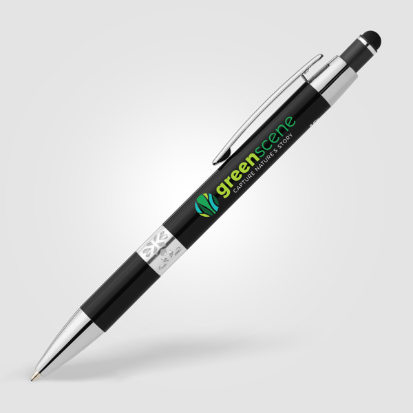 Stylo Adorn en aluminium recyclé avec finition chromée et stylet - Noir / Laser