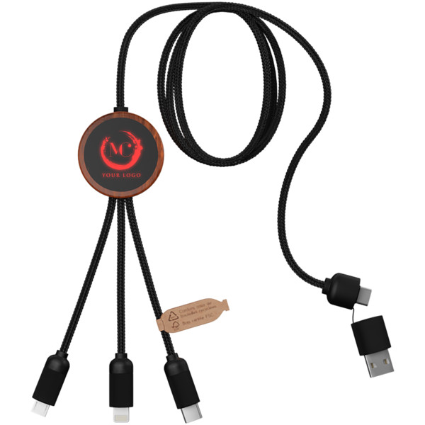 Cavo di ricarica da 40 W 5 in 1 in rPET riciclato con logo luminoso e custodia rotonda in legno SCX.design C37