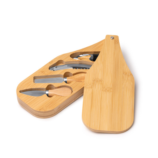 Set de queso y vino personalizado de acero inoxidable y bambú con estuche de madera