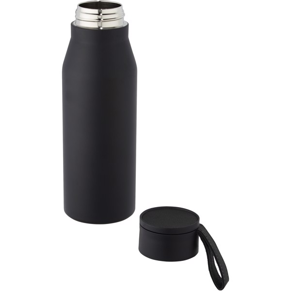 Ljungan 500 ml copper vacuum insulated stainless steel bottle with PU leather strap and lid - Black