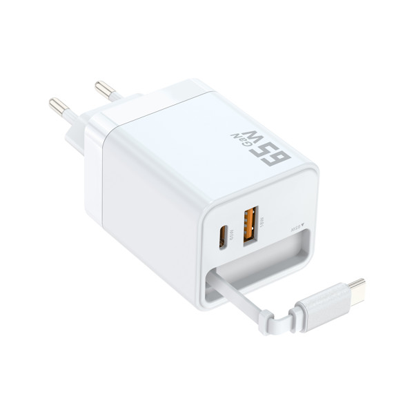 Charging adapter 65W with built-in USB-C cable - WHITE