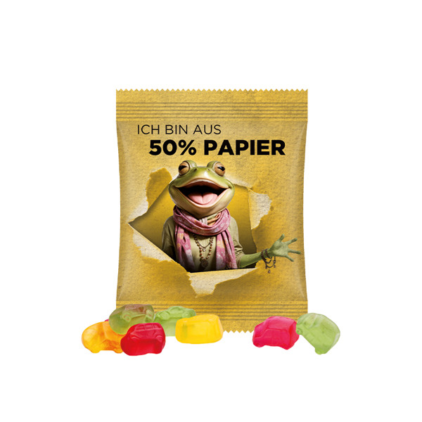 Mini bag 15g, white foil with approx. 50% paper content, Trolli jelly gums cars, 10 % fruit juice