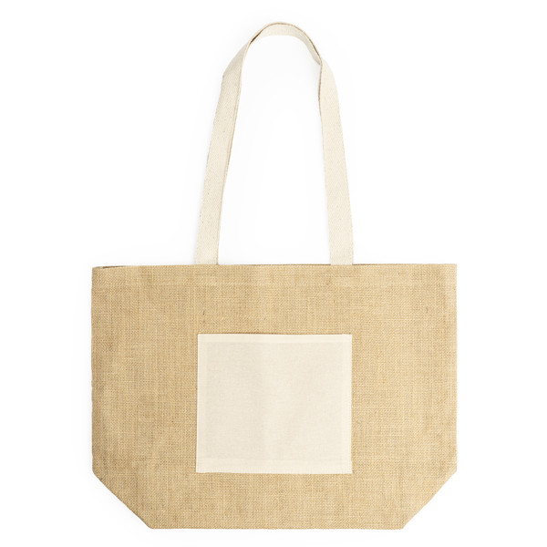 Personalised laminated jute bag with front pocket and cotton handles