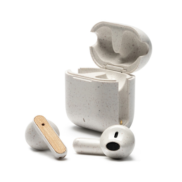 Auriculares inalámbricos personalizados de fibra de trigo y bambú con estuche de carga
