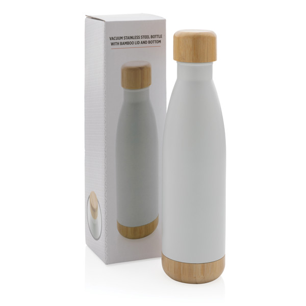 Vacuum stainless steel bottle with bamboo lid and bottom - White