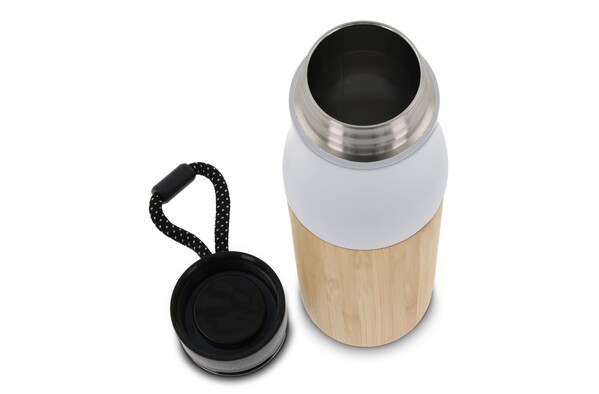 Bouteille isotherme avec dragonne et partie extérieur bambou 500ml - Blanc