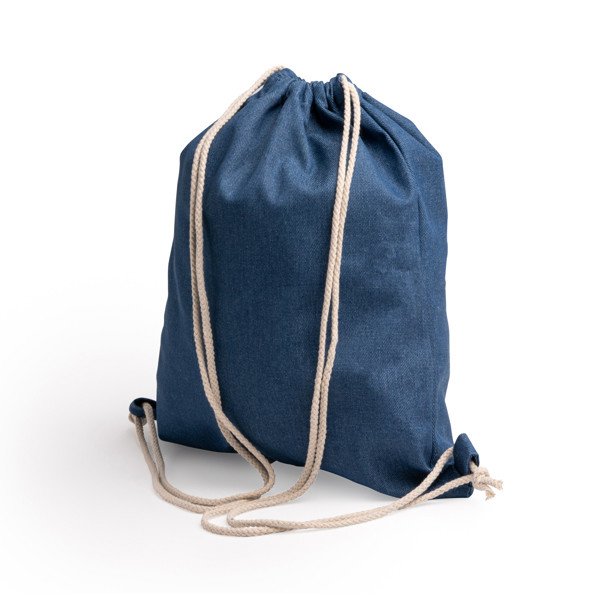 Mochila saco personalizada de tejido vaquero reciclado con cuerdas de algodón