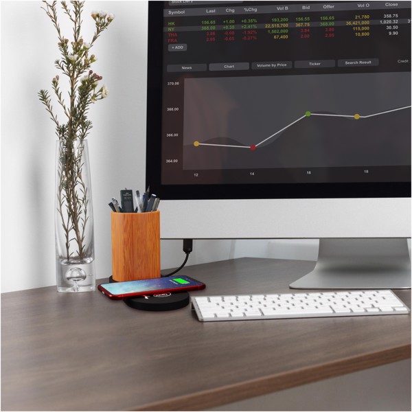 Station de charge sans fil et porte-crayon en bambou SCX.design W17 10 W avec logo lumineux