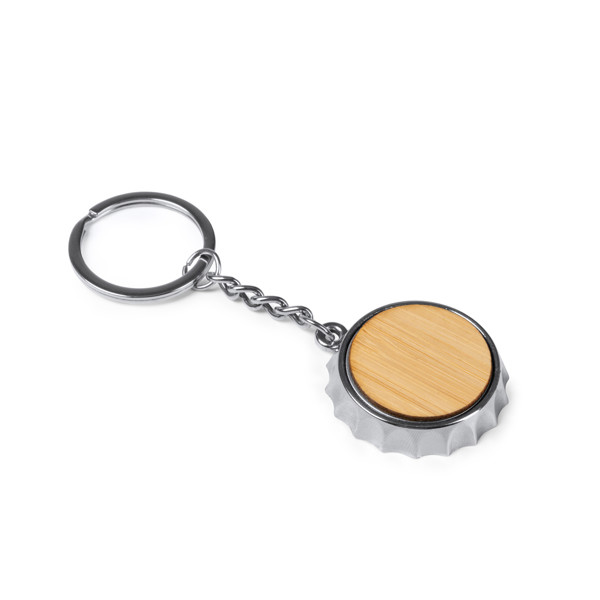 Personalised metal and bamboo bottle opener keyring with chrome finish