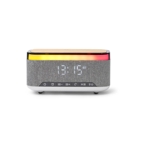 Altavoz inalámbrico personalizado de bambú y RPET con despertador, lámpara y carga inalámbrica 10W