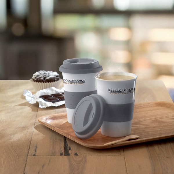 Tribeca ceramic mug, 400ml, silicone lid,sleeve - Grey