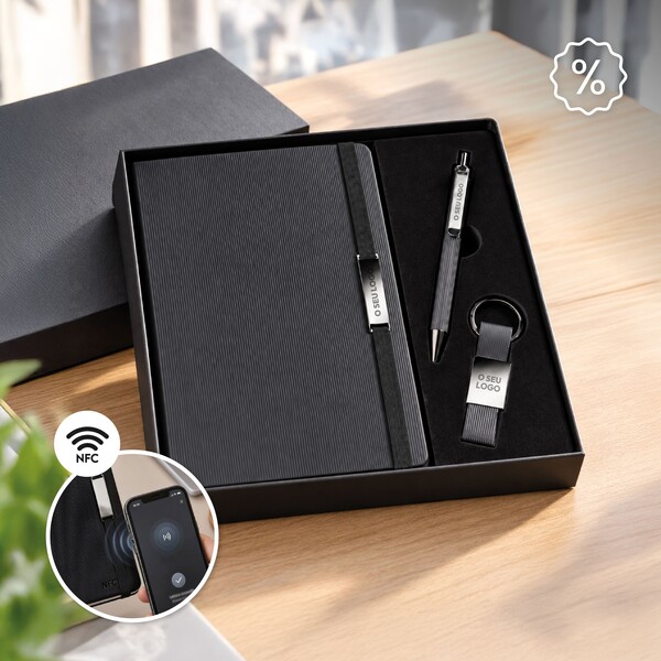 Conjunto com Bloco De Notas A5 com tecnologia NFC integrada, esferográfica de metal e porta-chaves 