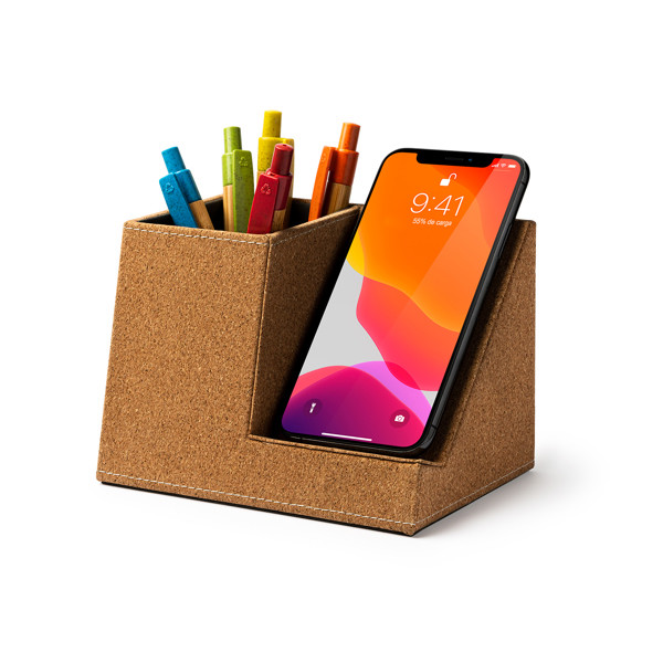 Portalápices cargador inalámbrico personalizado de corcho natural 10W con 2 puertos USB