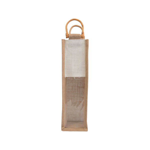 Jute Bottle Bag With Transparent Pvc Window And Bamboo Handles (1 Bottle)