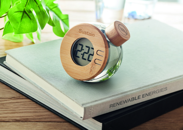 Water powered bamboo LCD clock Droppy Lux