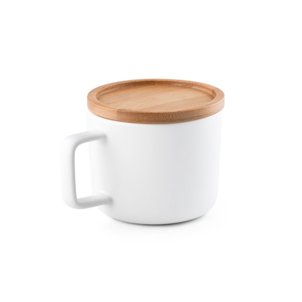 FANGIO. Tasse en céramique 230 mL avec couvercle et base en bambou - Blanc