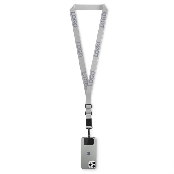 Porta cellulare regolabile a tracolla in tessuto con etichetta in metallo con logo inciso. Da 100pz - Bianco / Azzurro scuro