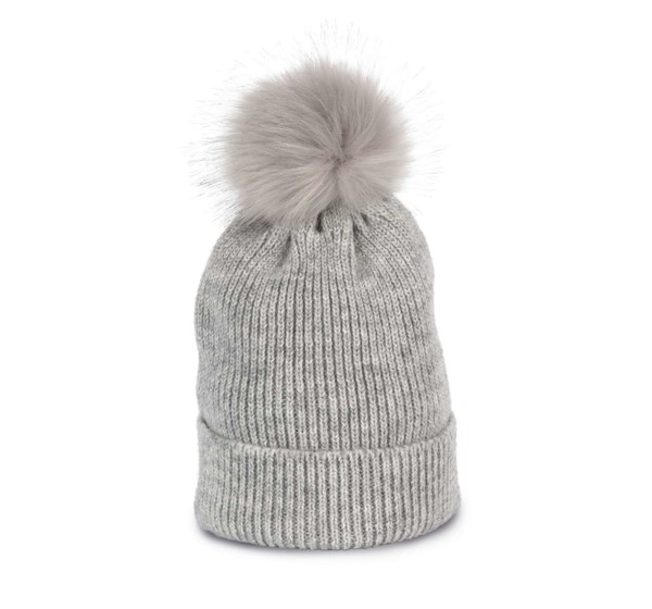 Knitted Bobble Beanie In Recycled Yarn - Light Grey Heather
