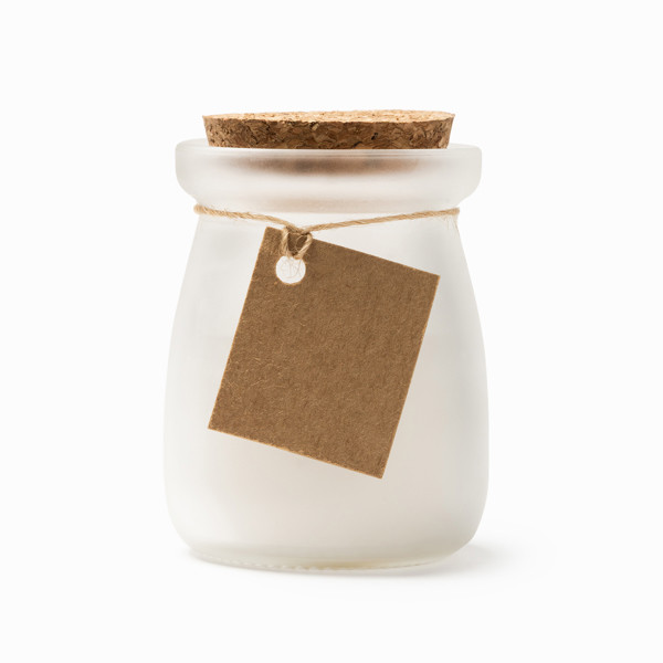 Vela aromática personalizada en recipiente de cristal con tapón de corcho