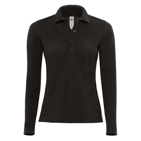 Polo B&C Safran Pure Women Manga Comprida 180G - 100% Algodão - Preto / 2XL