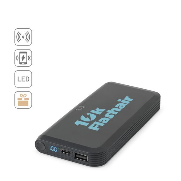 BECKER 10. Power bank kapaciteta 10'000 mAh izrađen od recikliranog ABS-a (100 % rABS) s 15W superbrzim bežičnim punjačem
