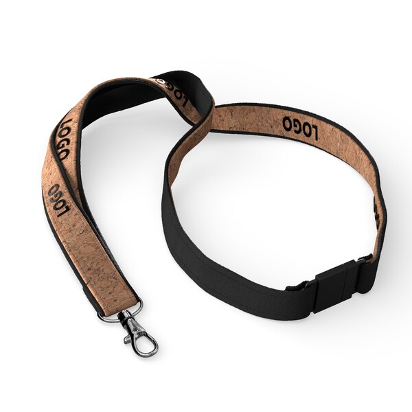Cork & polyester screenprint lanyard - 20mm width / Metal carabiner / Safety breakaway
