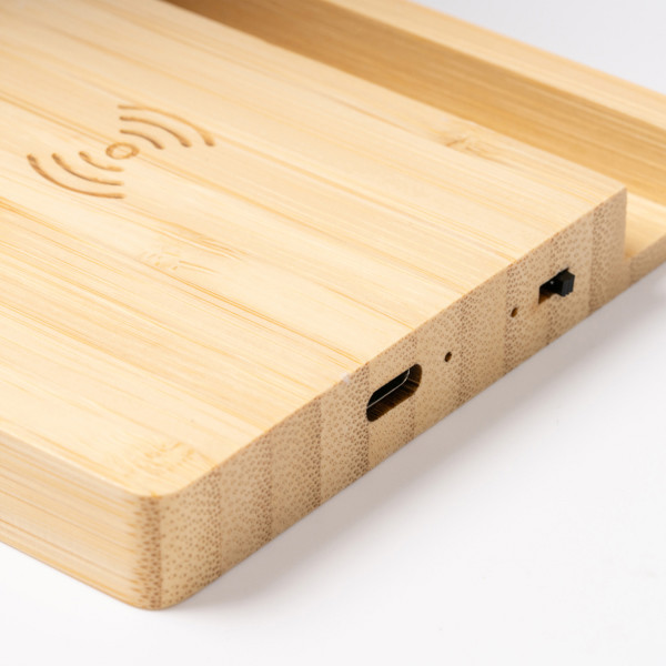 Calentador de taza personalizado de bambú con carga inalámbrica 15W y soporte para smartphone