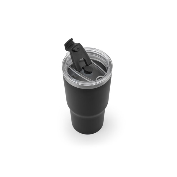 JOYNER M. Kompaktný nerezový cestovný pohár (91% recyklovaný) s vákuovo izolovanou dvojitou stenou a matným povrchom 600 mL - Čierna