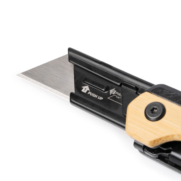 Multiherramienta personalizada de bambú y acero inoxidable con navaja y cutter