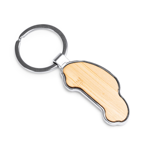 Llavero personalizado de bambú con forma de casa y acabado metálico