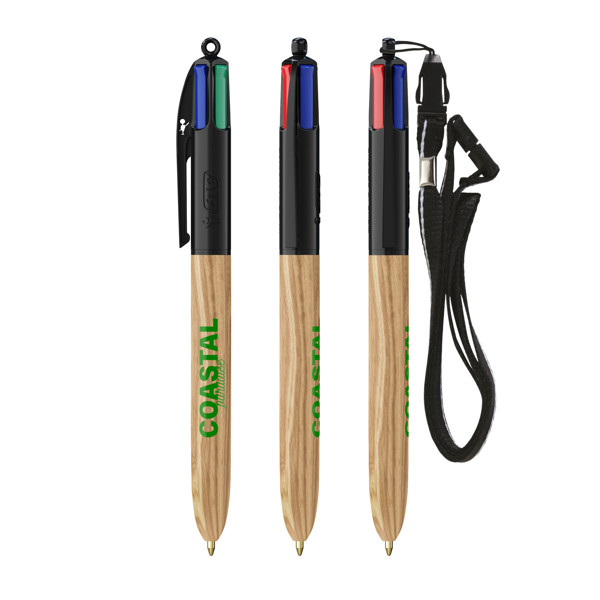 BIC® 4 Couleurs® Wood Style with Lanyard - Noir - bois naturel
