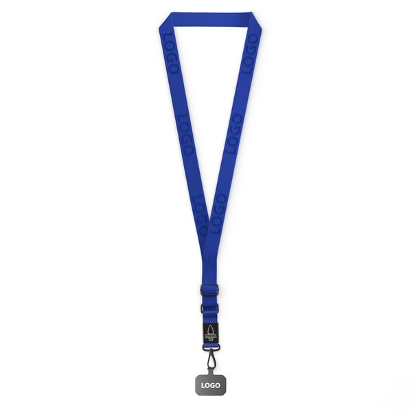 Suporte para telemóvel em forma de cruz feito de fita tecida com placa de metal gravada com o seu logótipo. Disponível em quantidades de 100 ou mais - Dark Azure Blue