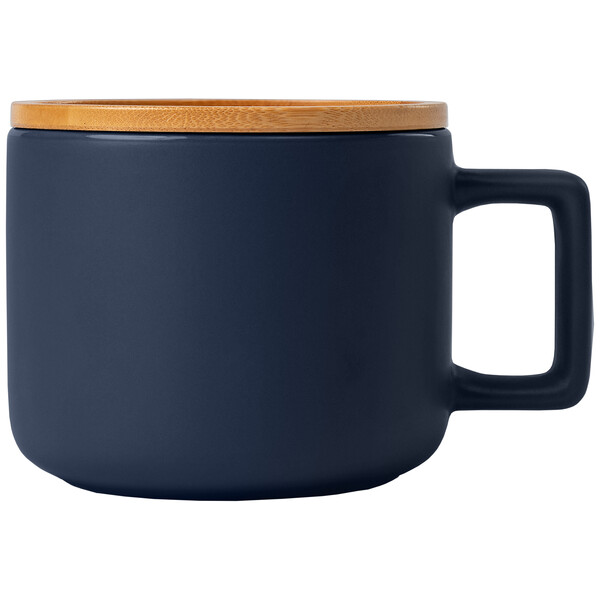Mug Café Virtuoso en céramique avec couvercle en bambou – 355 mL - Ceram-X - Bleu marine / Laser