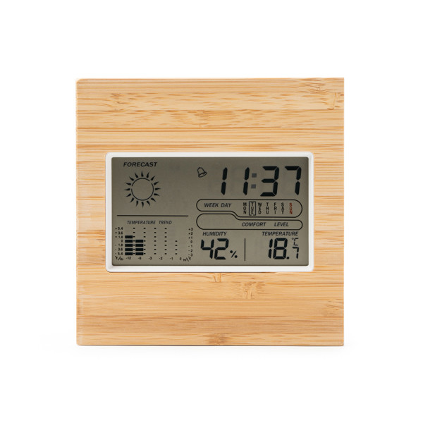 Estación meteorológica personalizada de ABS y bambú con reloj, alarma y sensor de temperatura y humedad