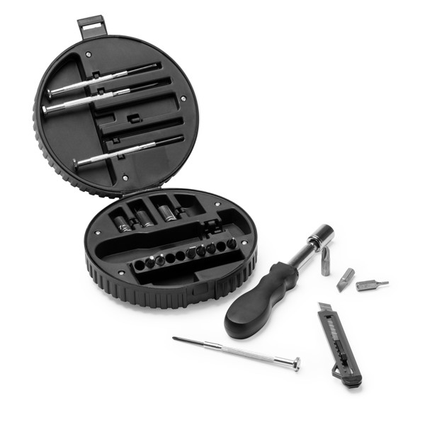 Personalised 20-piece tool set with wheel-shaped case