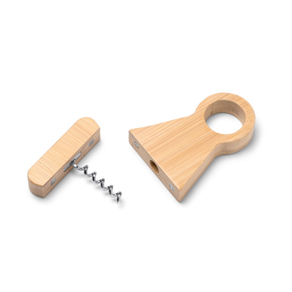 Personalised bamboo corkscrew with bottle holder