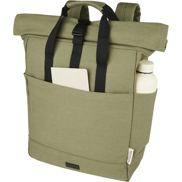 Sac à dos pour ordinateur portable Joey de 15 L en toile recyclée GRS 15 pouces avec dessus enroulable - Olive