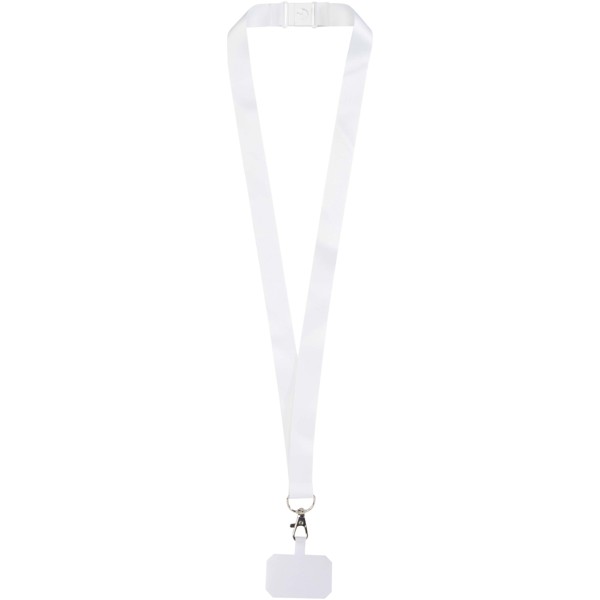 Lanyard con stampa a sublimazione, supporto per telefono e meccanismo di sicurezza Addie - Bianco / Bianco / 25mm