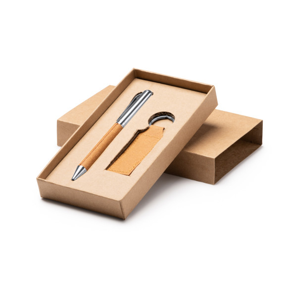 Personalized pen and keyring set in recycled leather with eco case