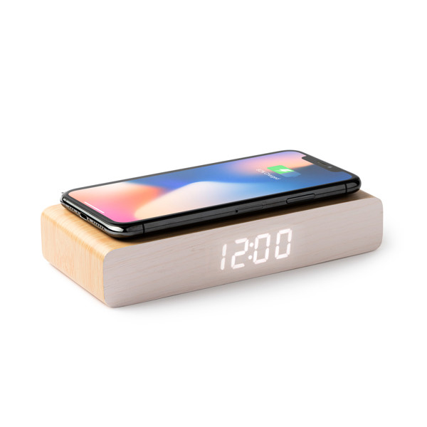 Reloj despertador con cargador inalámbrico personalizado de madera MDF con pantalla de hora, fecha y temperatura