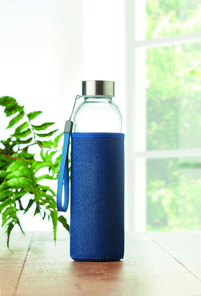 Steklena športna steklenica Utah Denim 500 ml, torbica iz neoprena