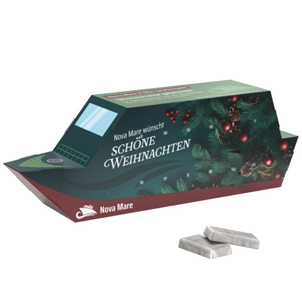 Advent calendar boat, neapolitain in glassin paper | 24 Alpine mini chocolate bars, 72 g
