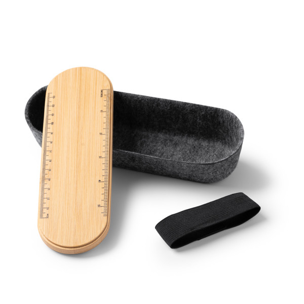 Personalised pencil case in bamboo and recycled felt with ruler lid and smartphone stand