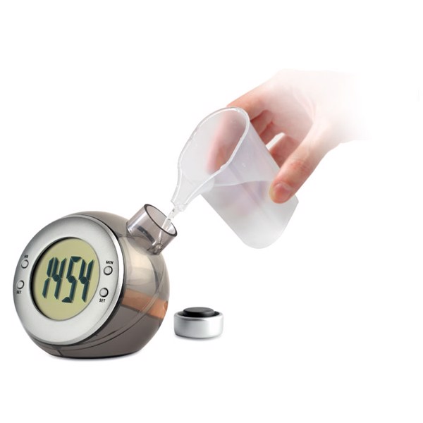 Droppy water powered LCD desk clock, no battery