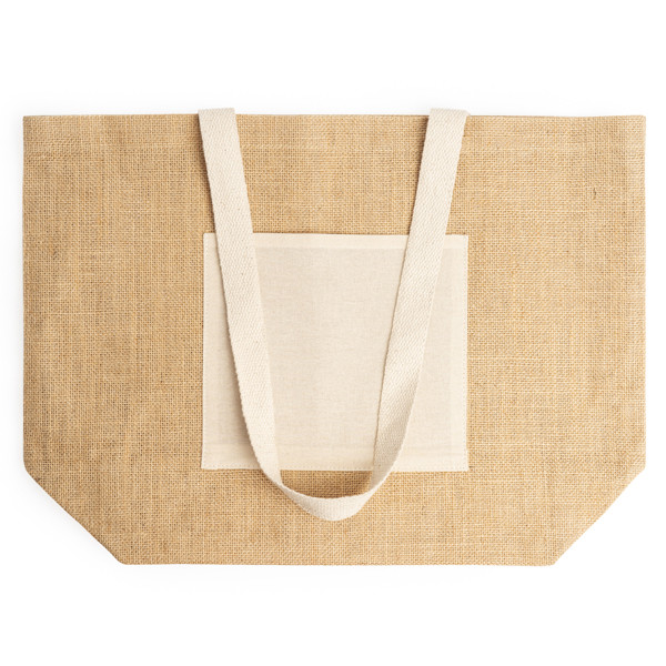 Bolsa de yute laminado personalizada con bolsillo frontal y asas de algodón