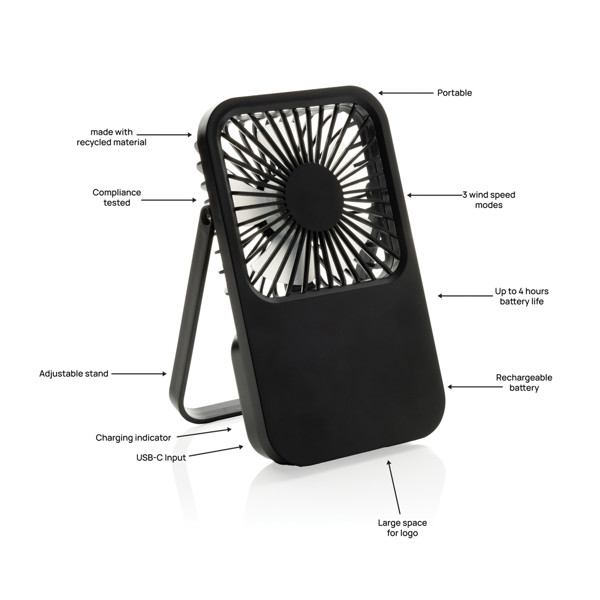 Aervina RCS recycled plastic re-chargeable desk fan - Black