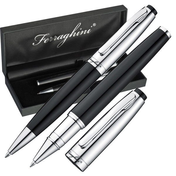 Ferraghini writing set with a ball pen and a rollerball pen ANASTAZJA - Black