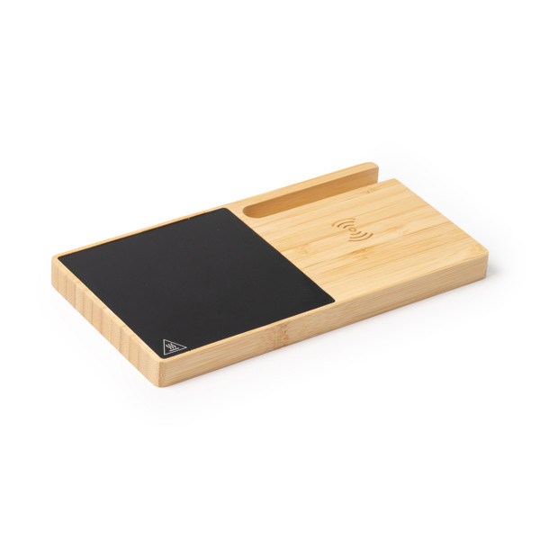 Calentador de taza personalizado de bambú con carga inalámbrica 15W y soporte para smartphone